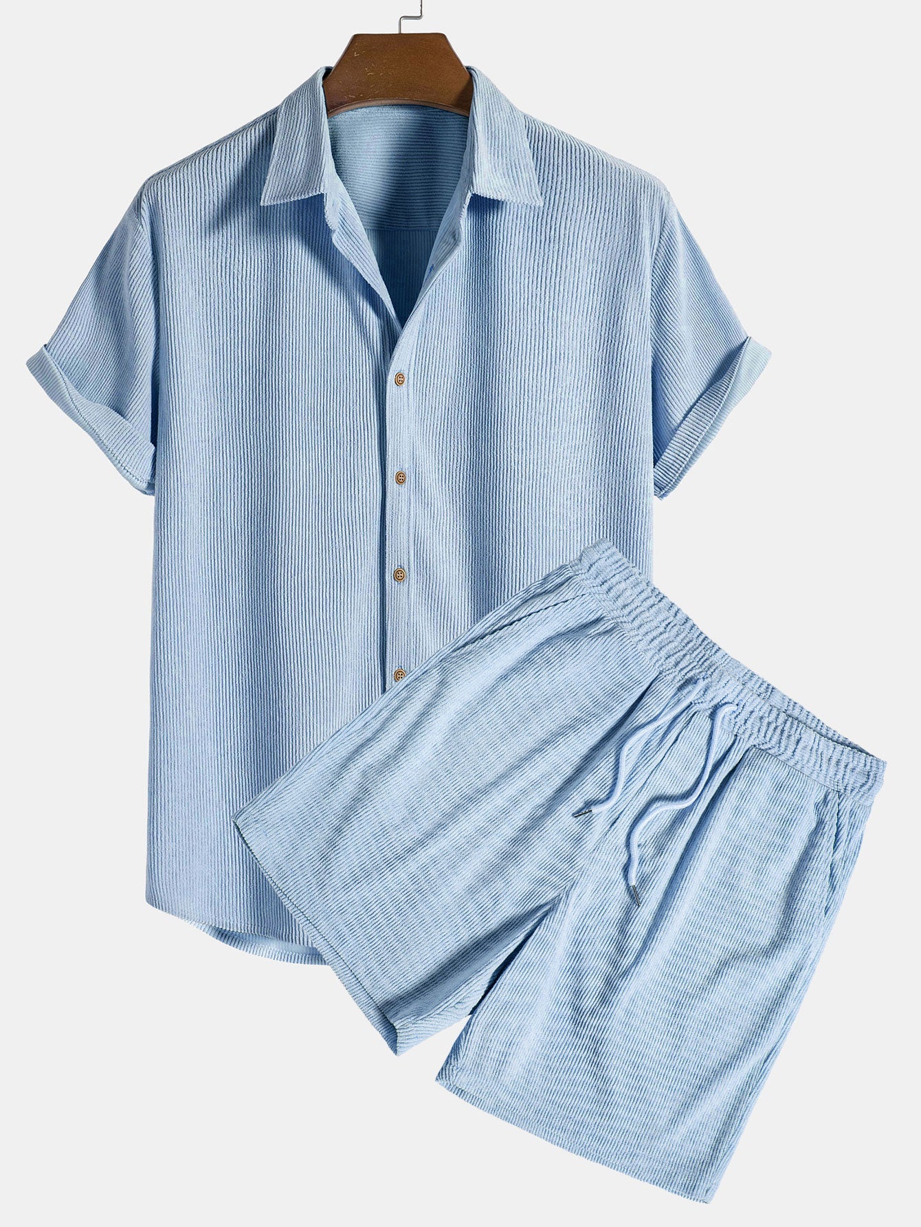 Blue striped shirt and shorts set on a hanger against a white background