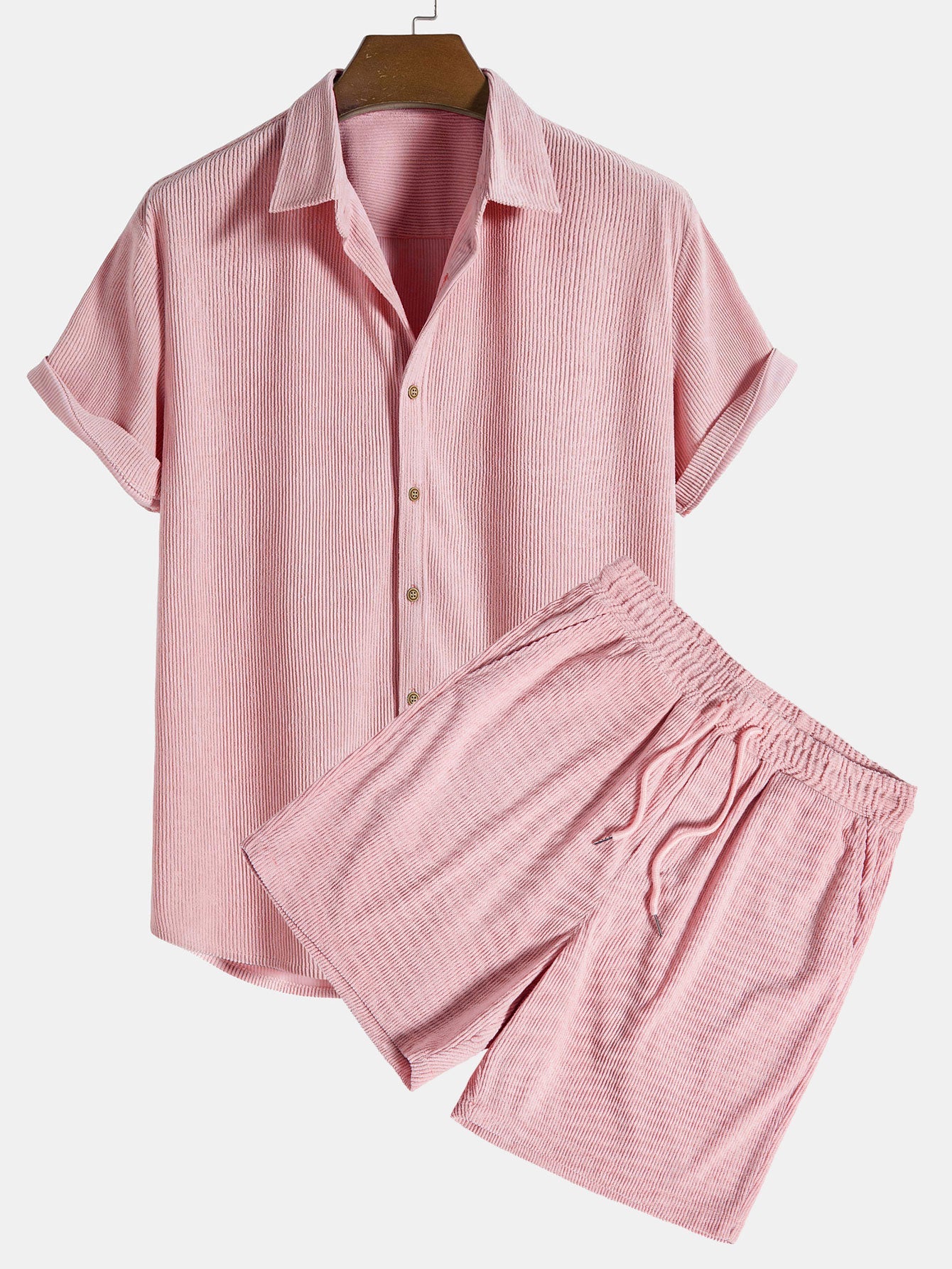 Pink striped shirt and shorts set on a hanger against a white background