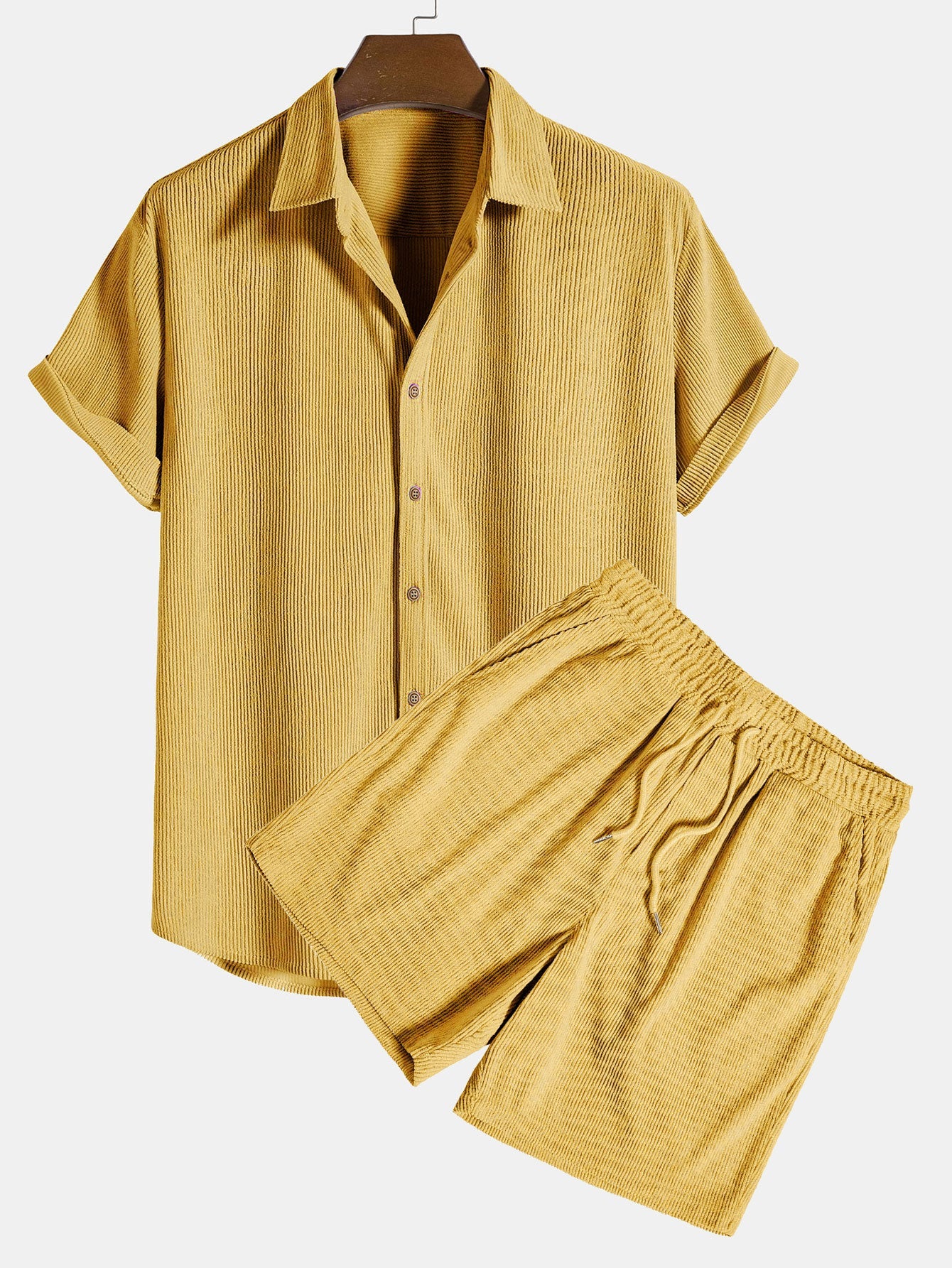 Yellow shirt and shorts set on a hanger with a white background