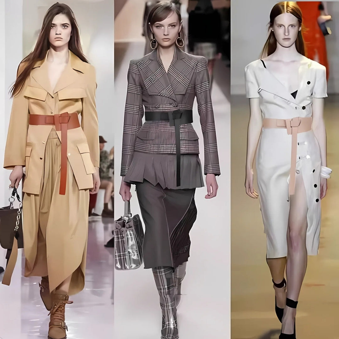 Three models in different fashion outfits wearing the Knot Detail PU Belt, walking on a runway.