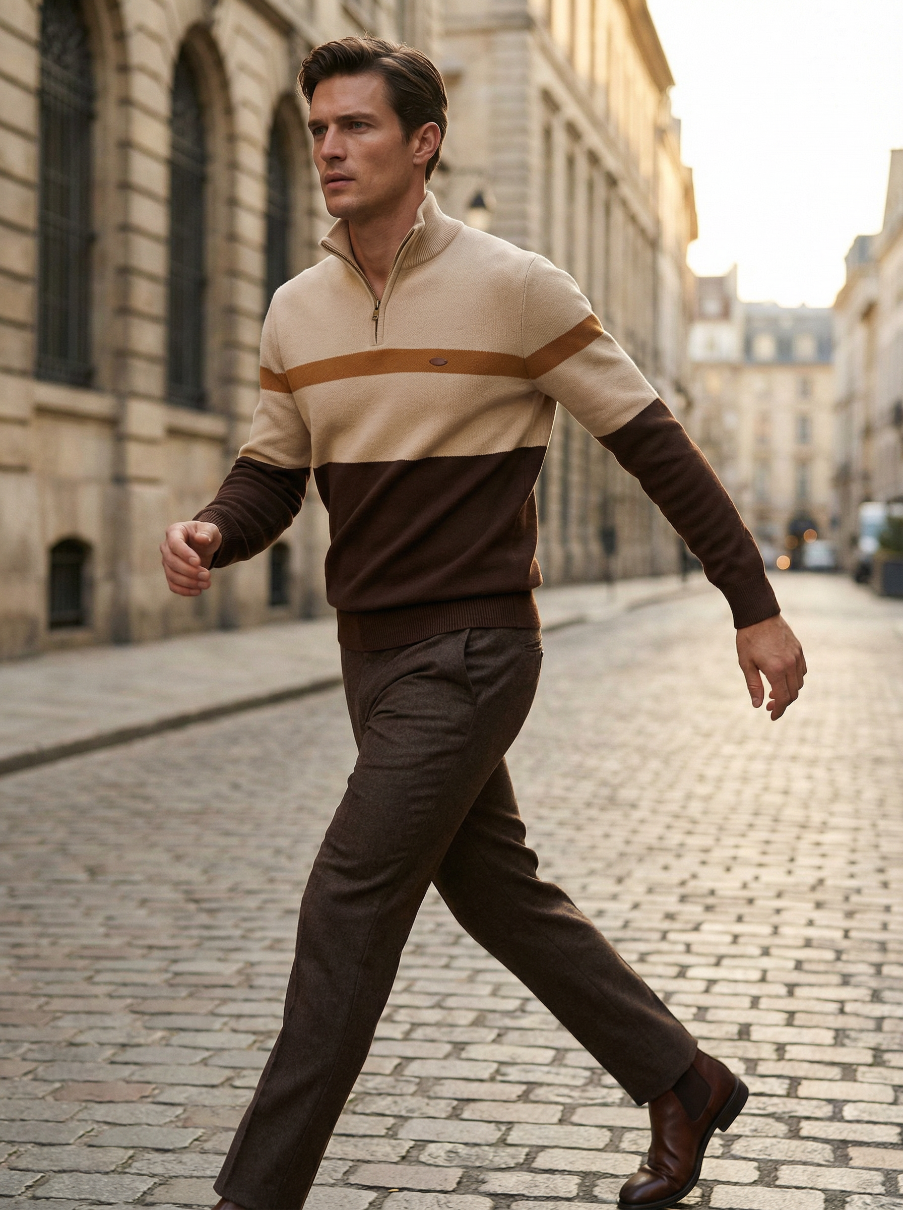 Man walking on a cobblestone street wearing a two-tone sweater