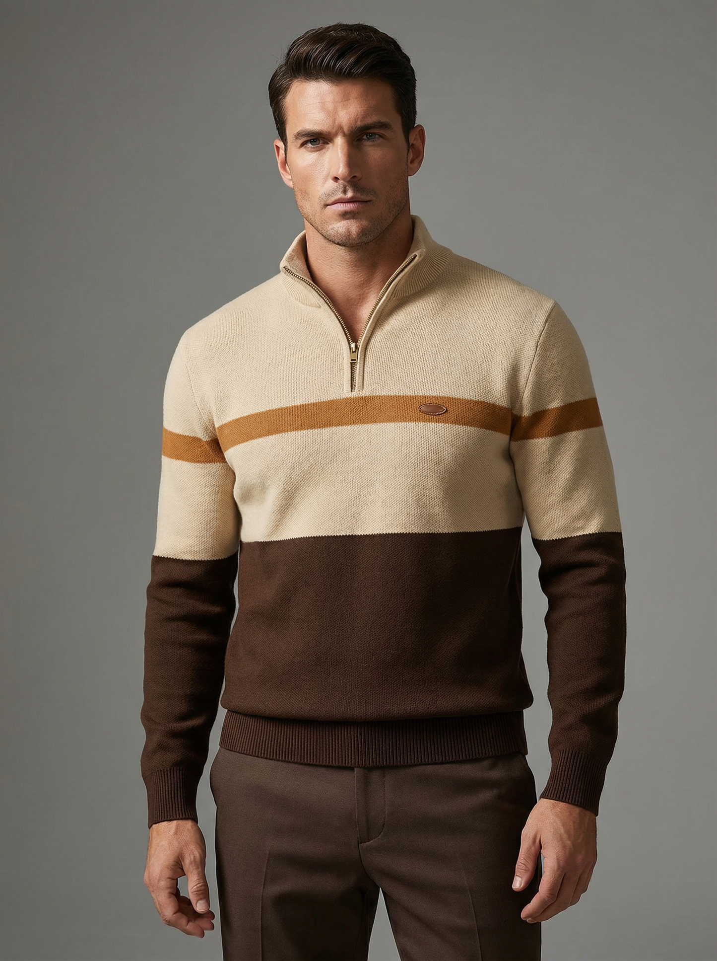 Man wearing a beige and brown sweater with a gray background