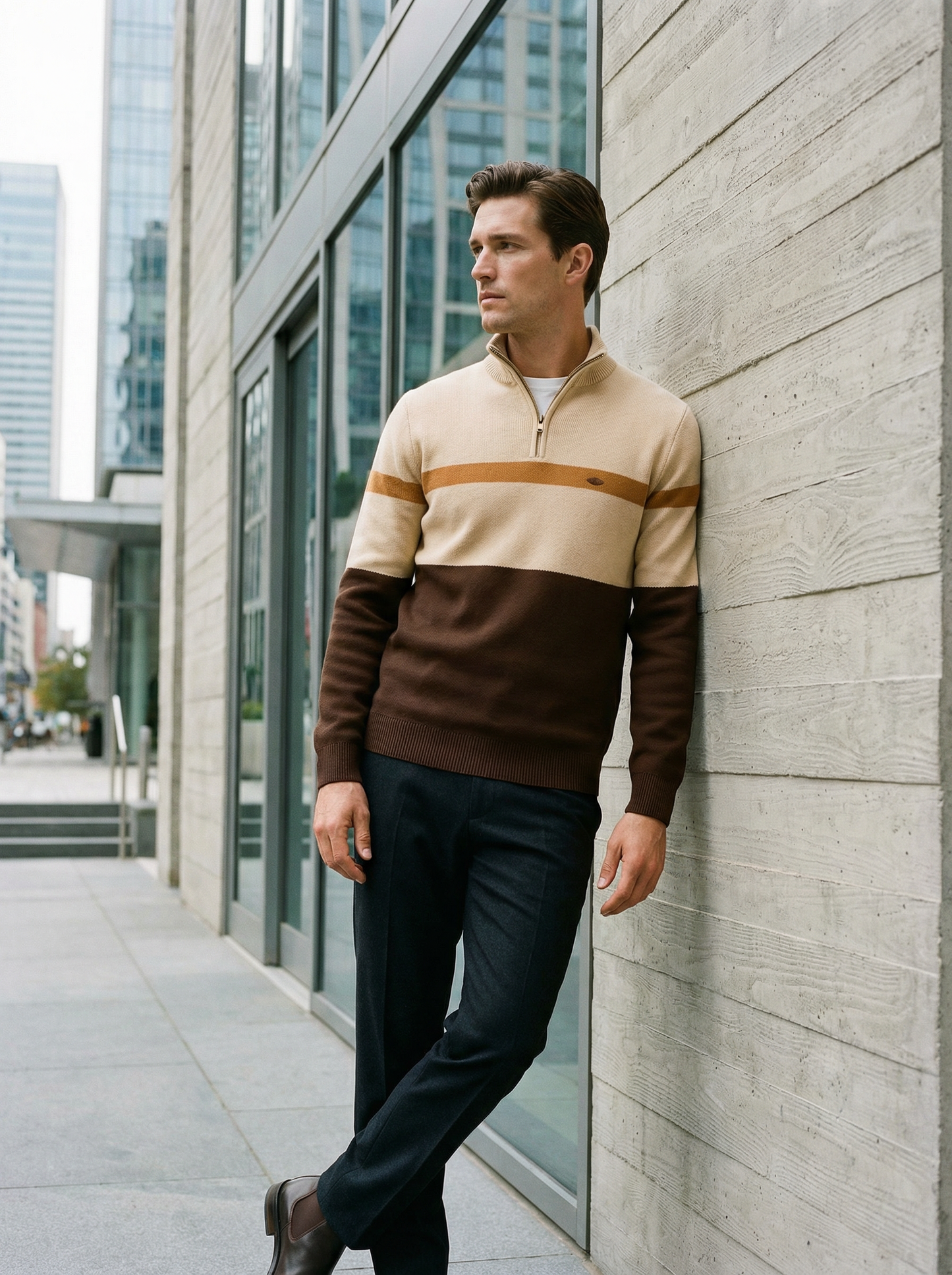 Man wearing a beige and brown striped sweater leaning against a modern building.