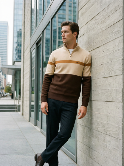 Man wearing a beige and brown striped sweater leaning against a modern building.
