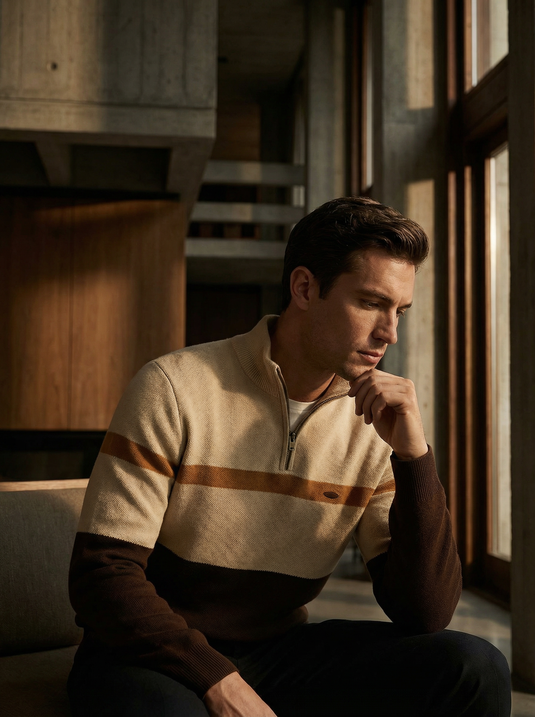Man sitting by a window wearing a striped sweater in a warm, indoor setting.