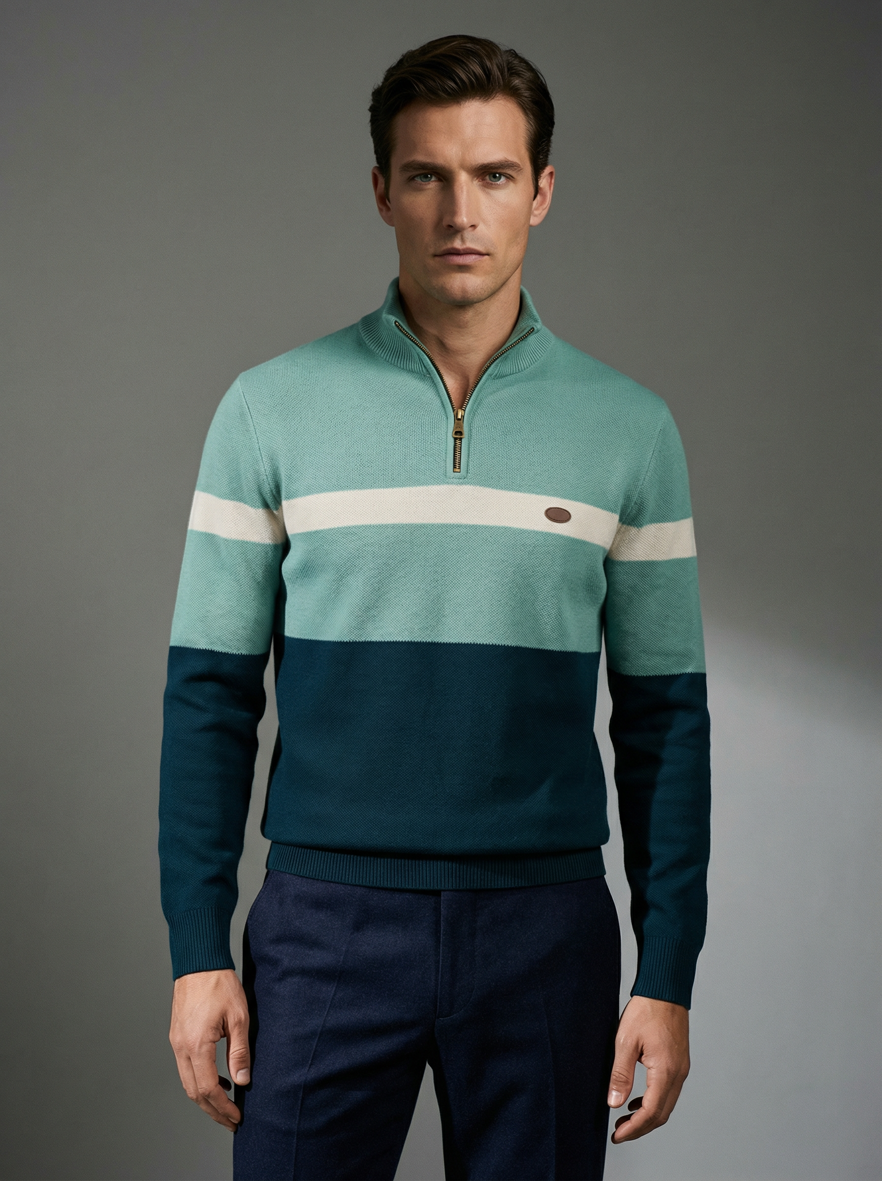 Man wearing a teal and navy sweater with a white stripe on a gray background
