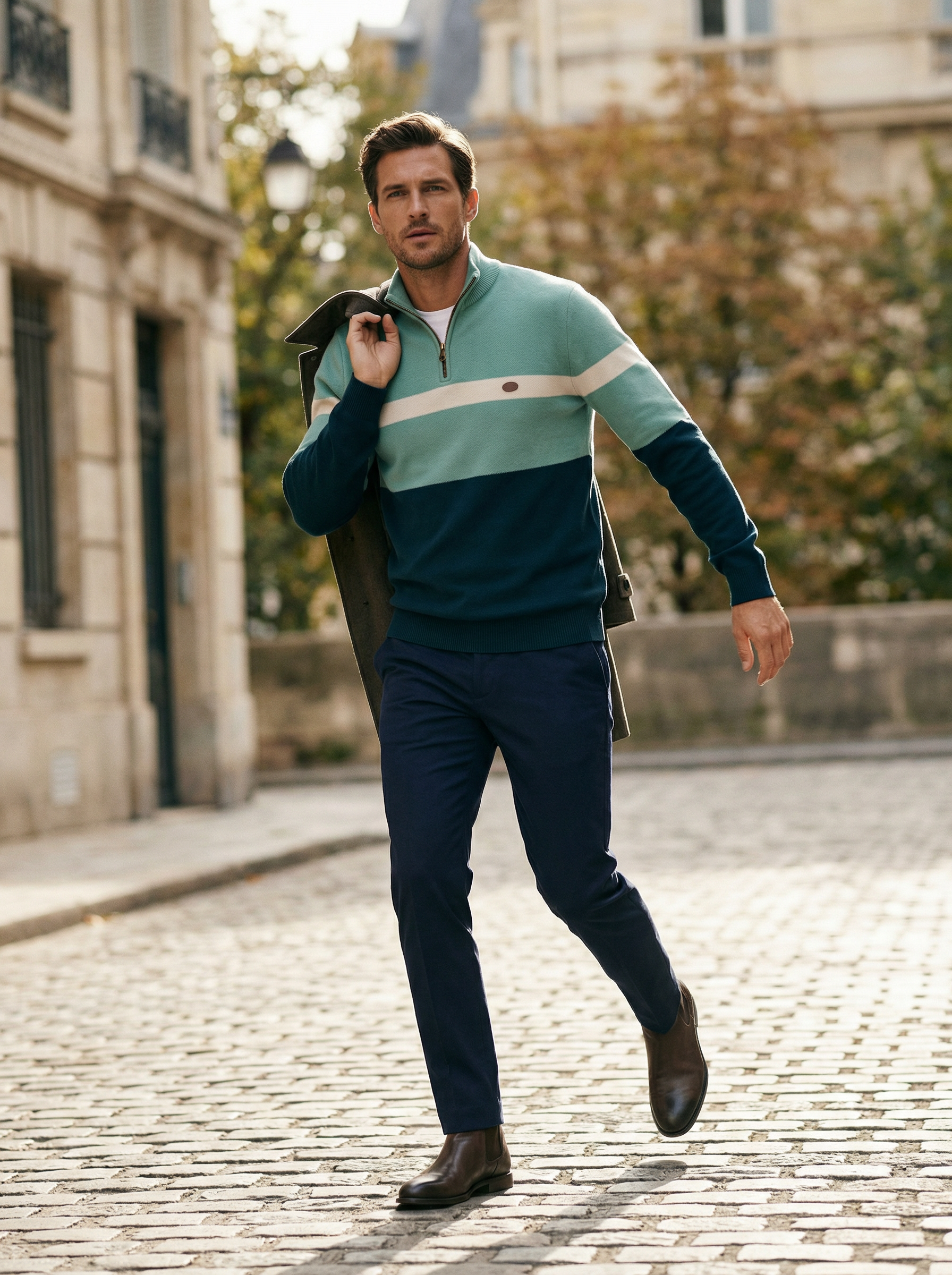 Man walking on a street wearing a striped sweater and dark pants.
