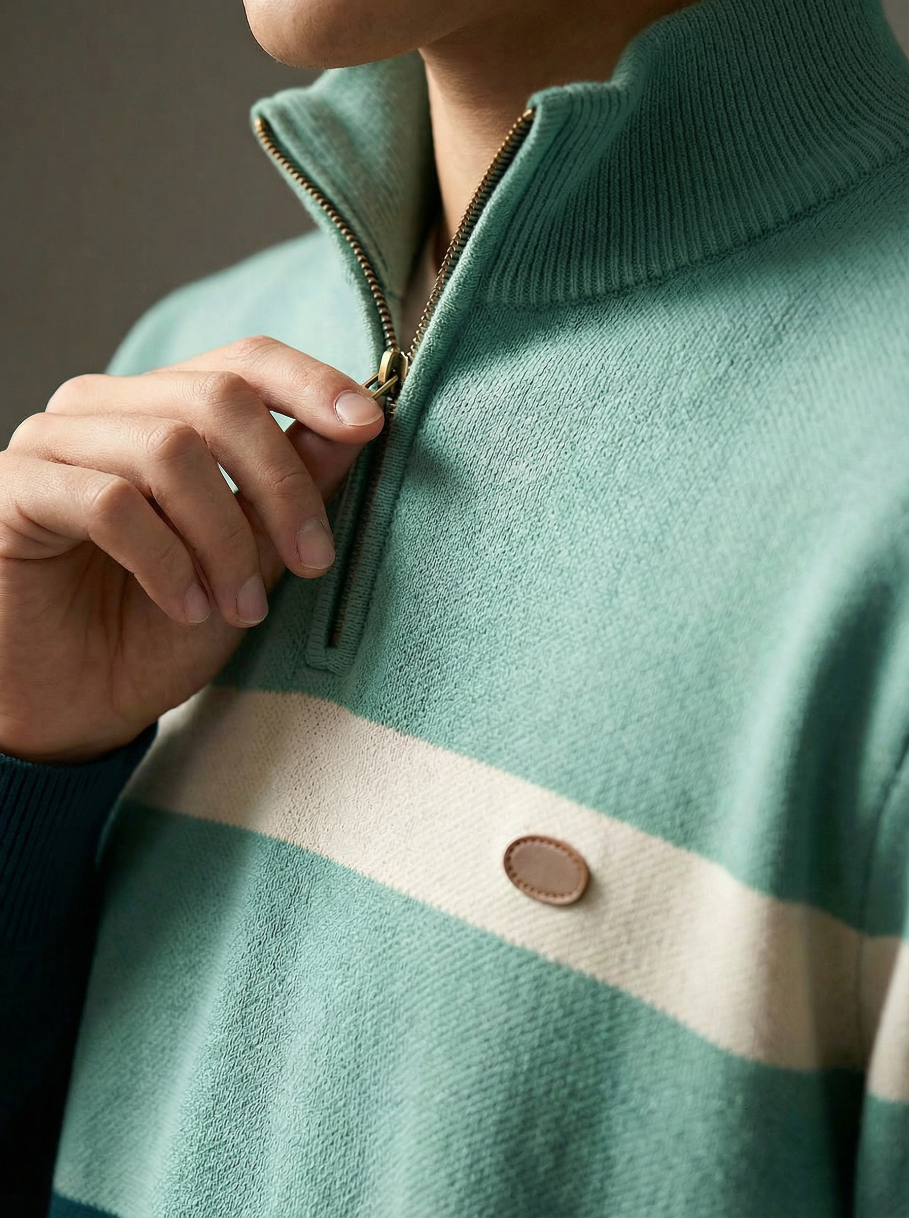 Teal sweater with a white stripe and button detail, person adjusting zipper.