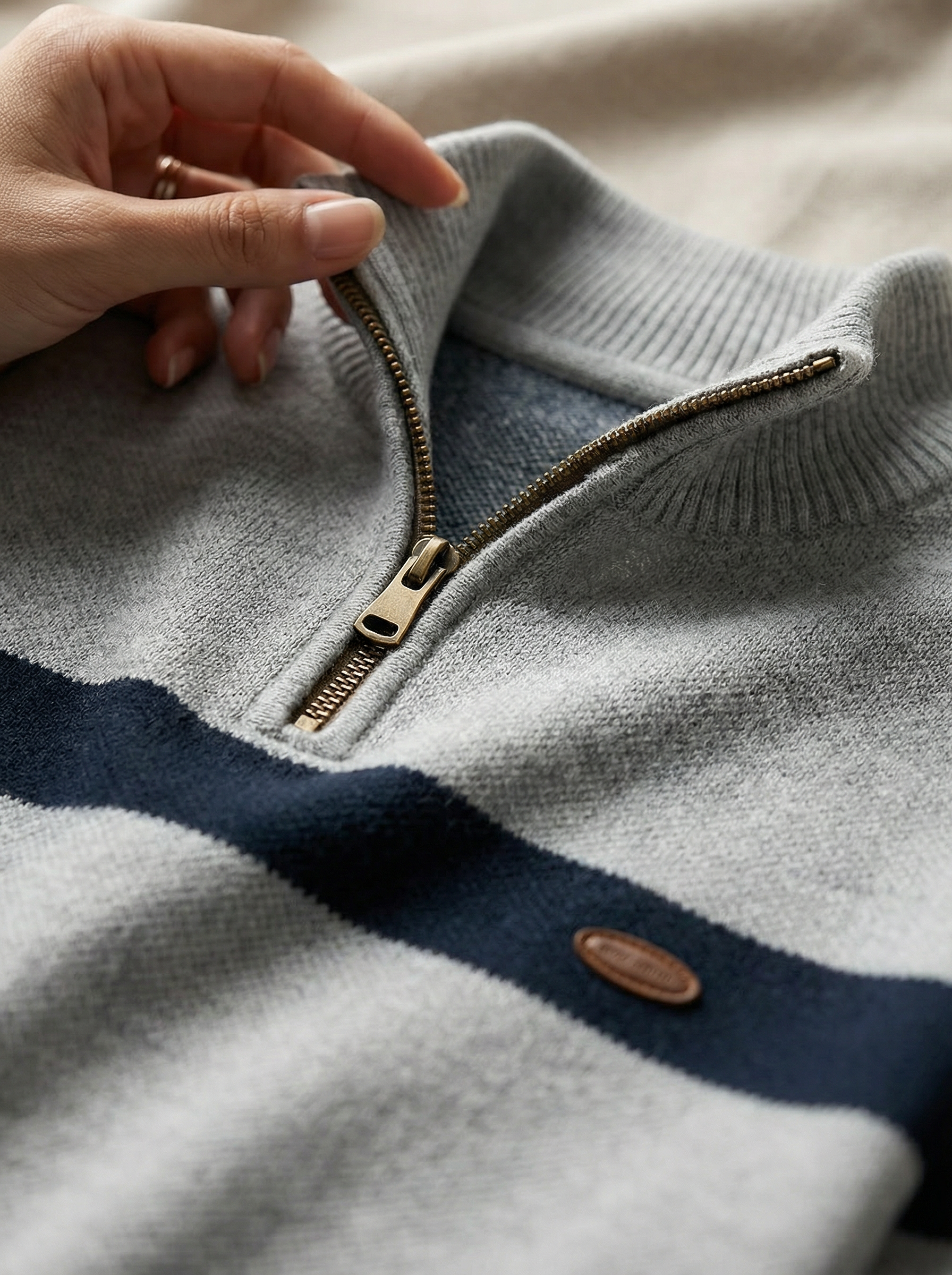 Close-up of a gray sweater with a zipper and button, held by a hand.
