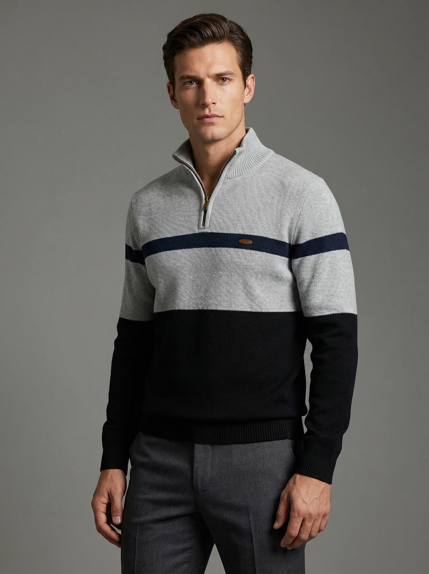 Man wearing a gray and black striped sweater with a logo on a gray background