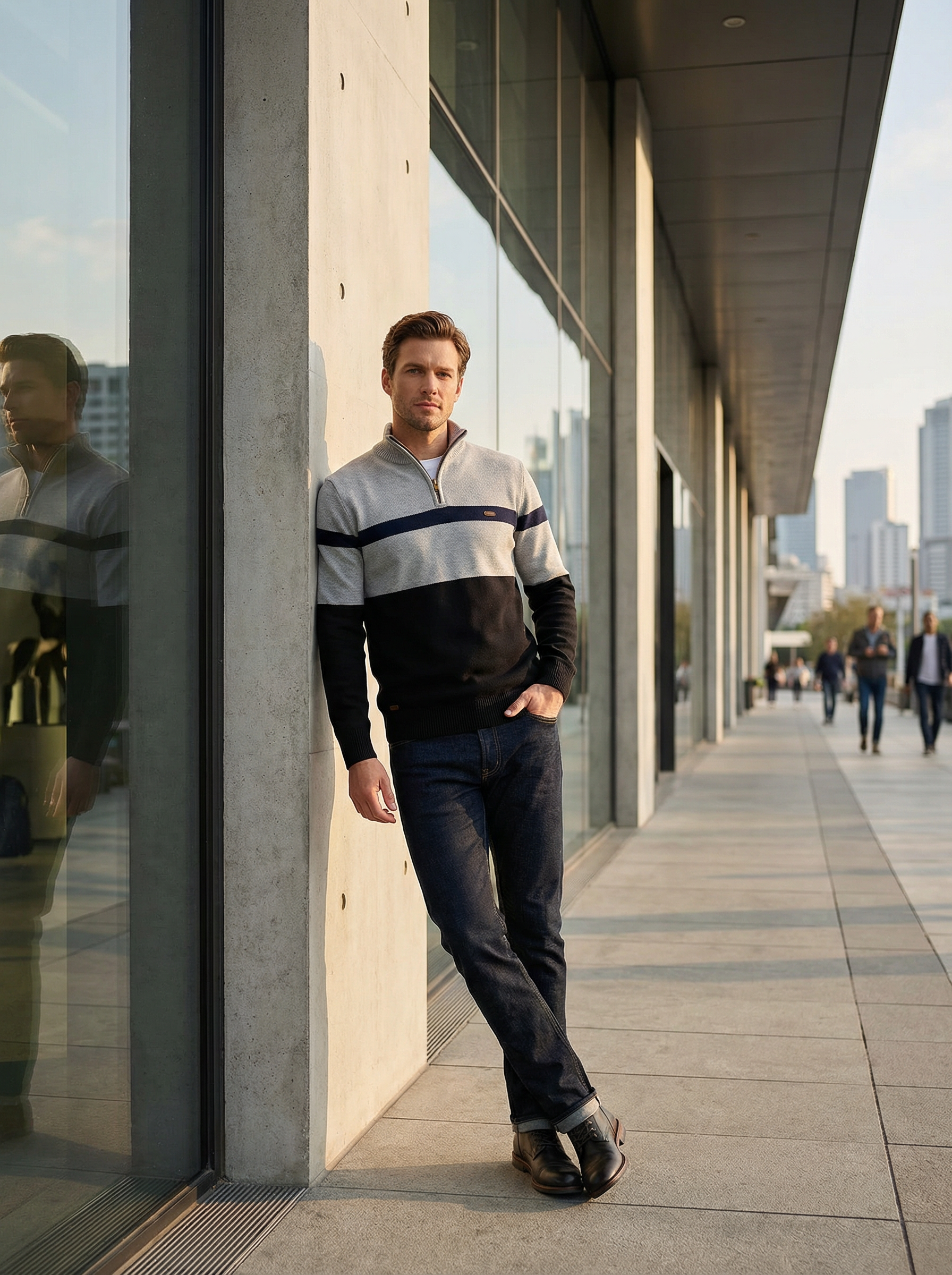 Man standing by a modern building with a cityscape in the background