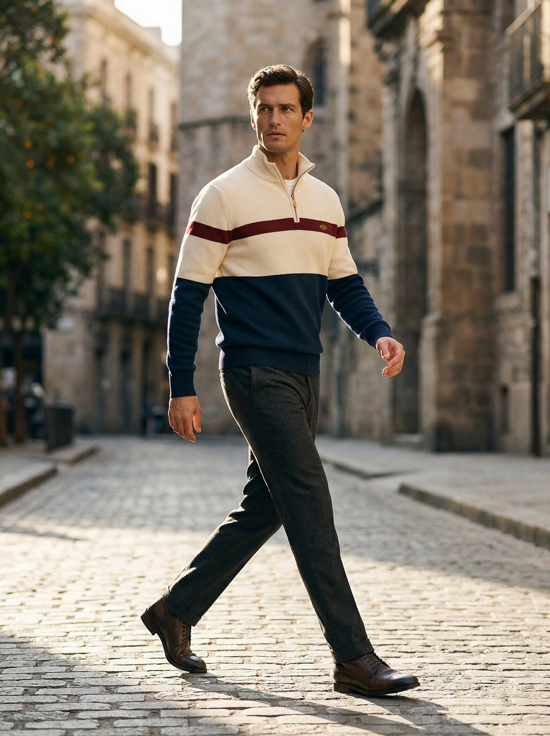 Man walking on a cobblestone street wearing a striped sweater and dark pants.