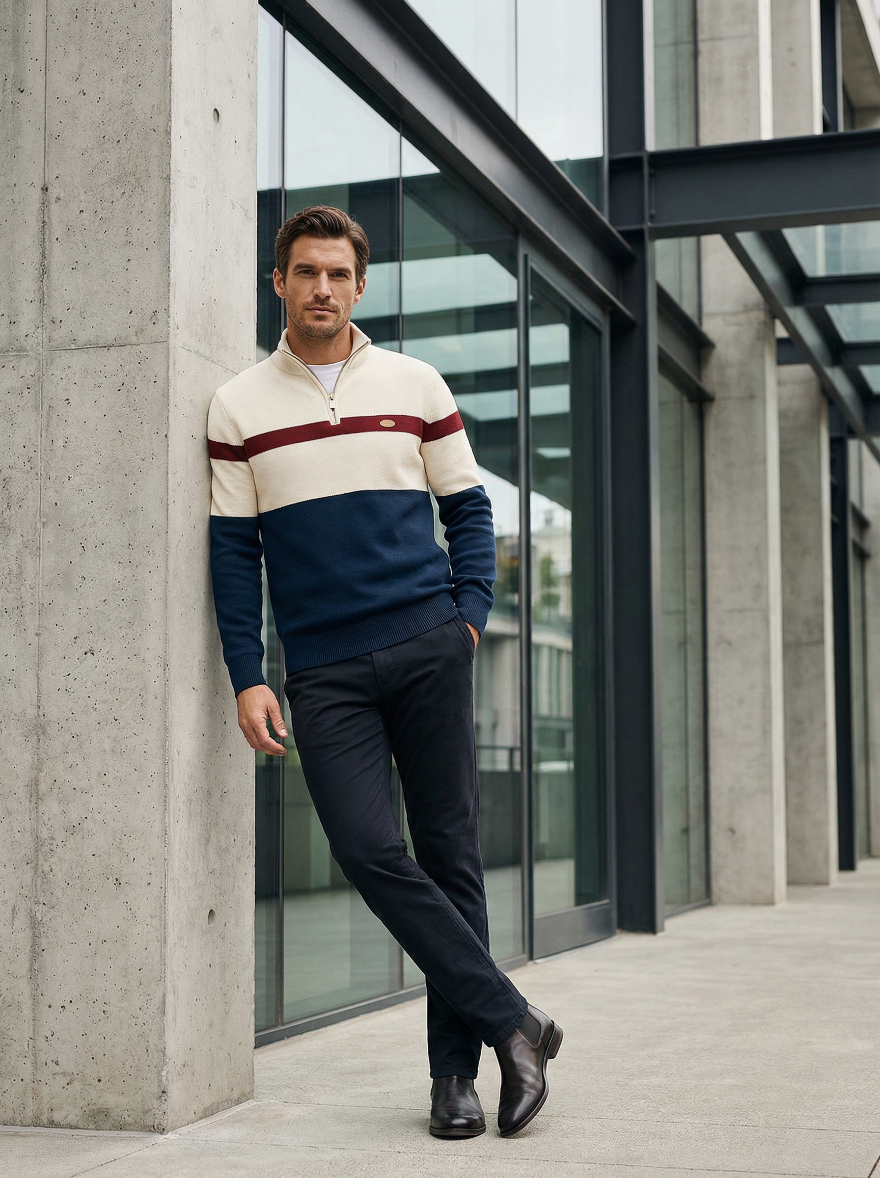 Man wearing a color-blocked sweater leaning against a modern building.