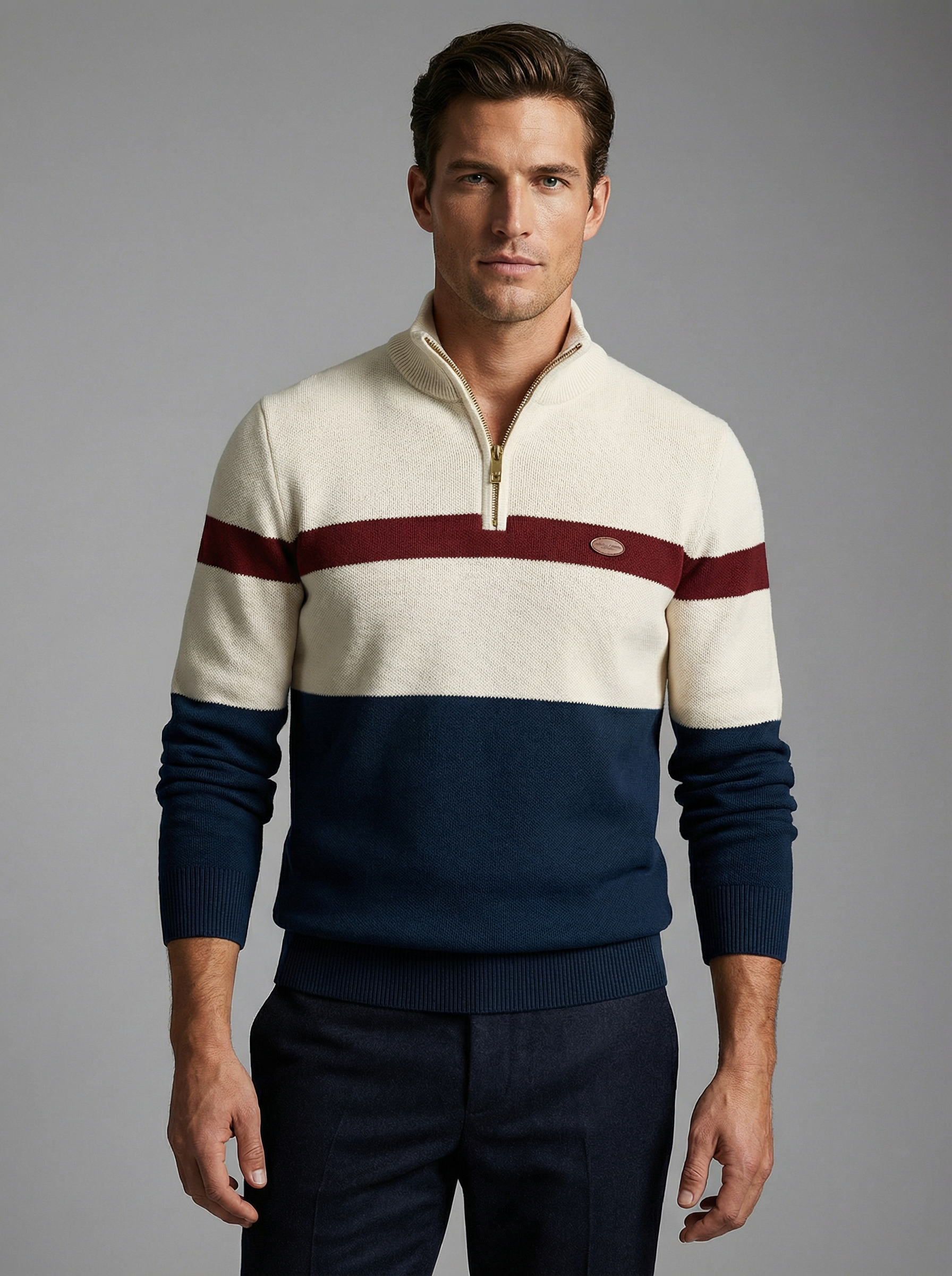 Man wearing a striped sweater with a gray background