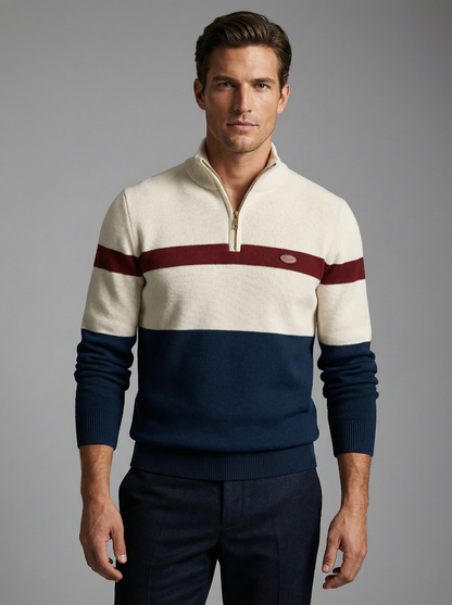 Man wearing a striped sweater with a gray background
