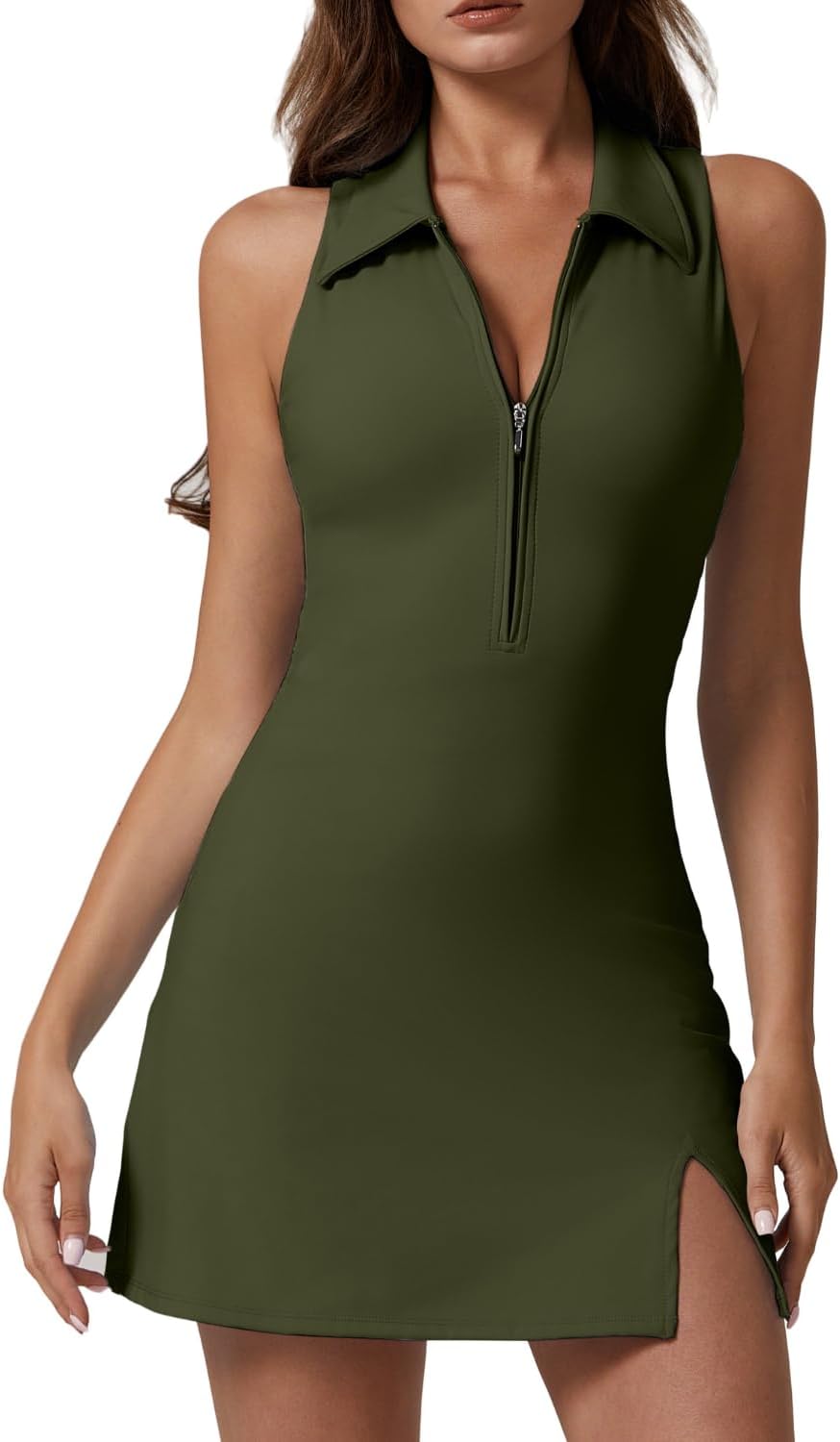 Army green zip-up athletic dress
