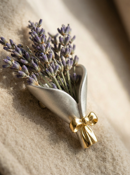 Silver holder with gold bow holding lavender flowers on a beige surface