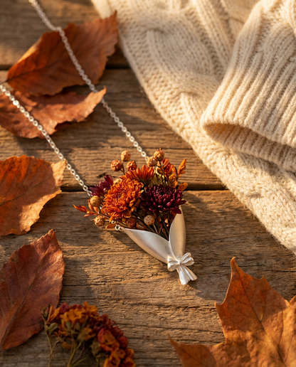 Necklace with a floral pendant on a wooden surface with autumn leaves and a beige sweater.