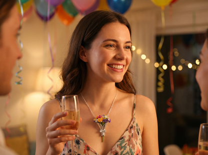 Woman holding a glass of champagne at a party with balloons and lights in the background