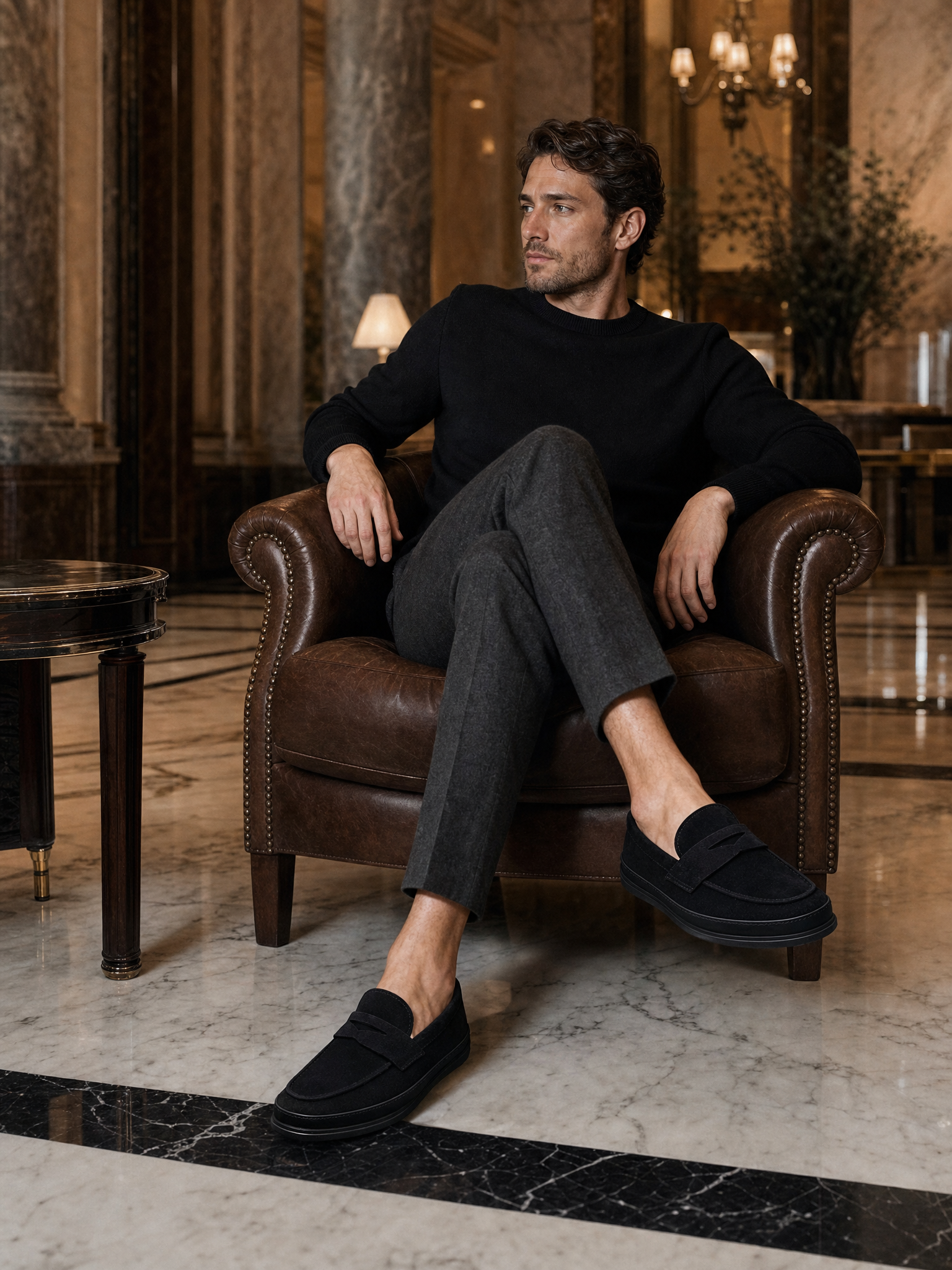 Black suede driving loafers styled for a smart hotel evening outfit