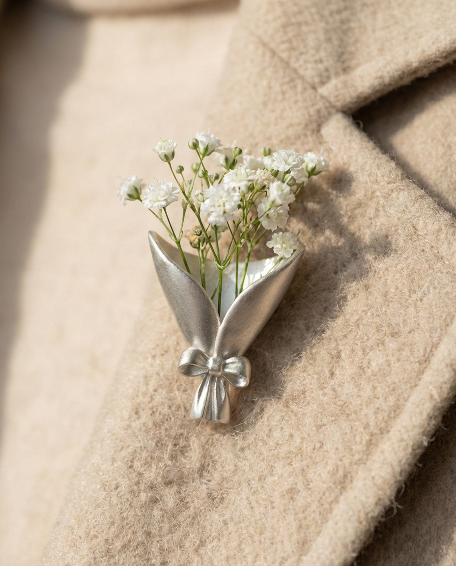 Silver boutonniere with white flowers on a beige coat