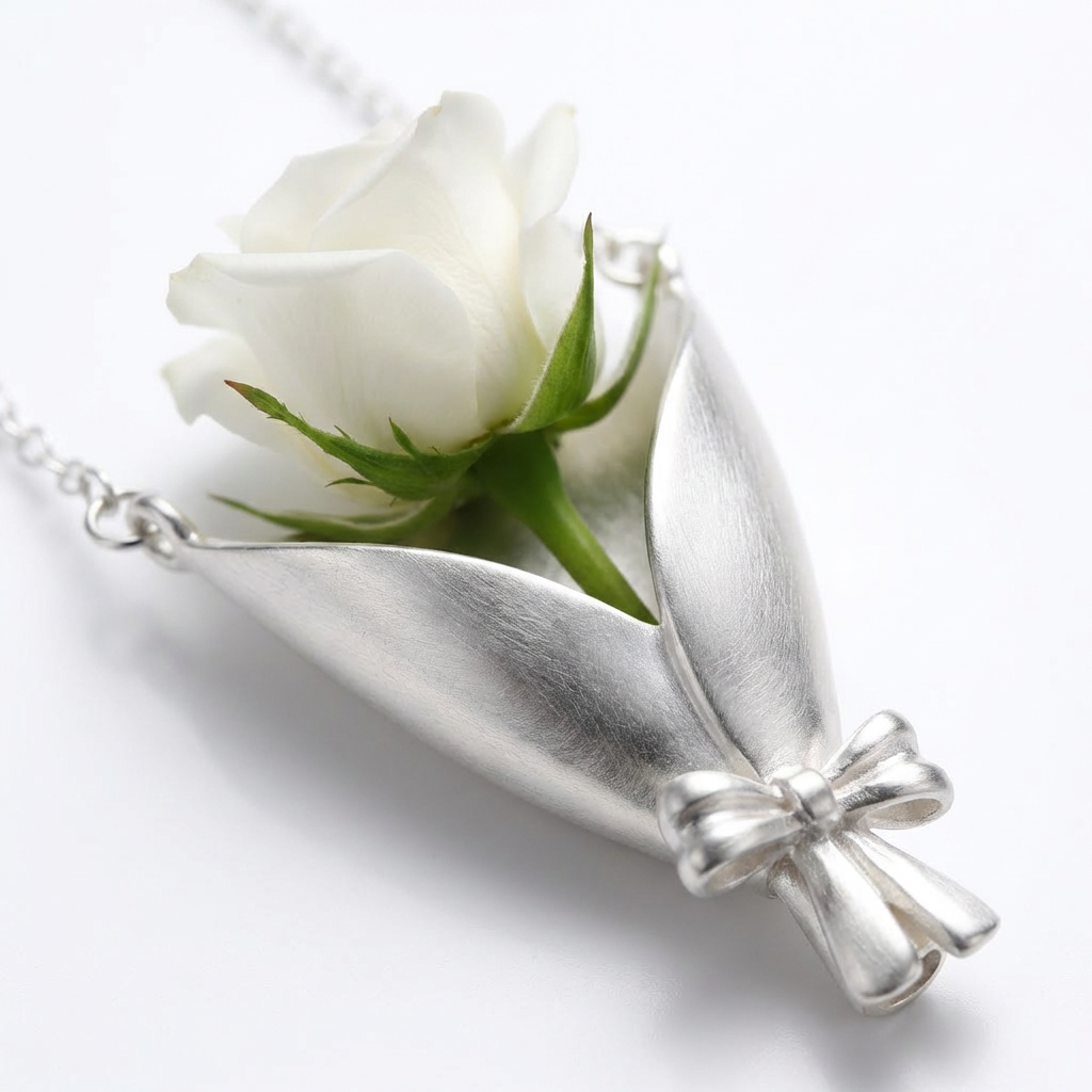 Silver pendant with a white rose on a white background