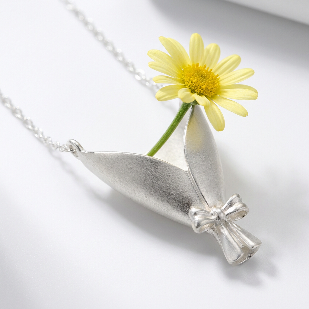 Silver pendant shaped like a leaf with a yellow flower on a white background