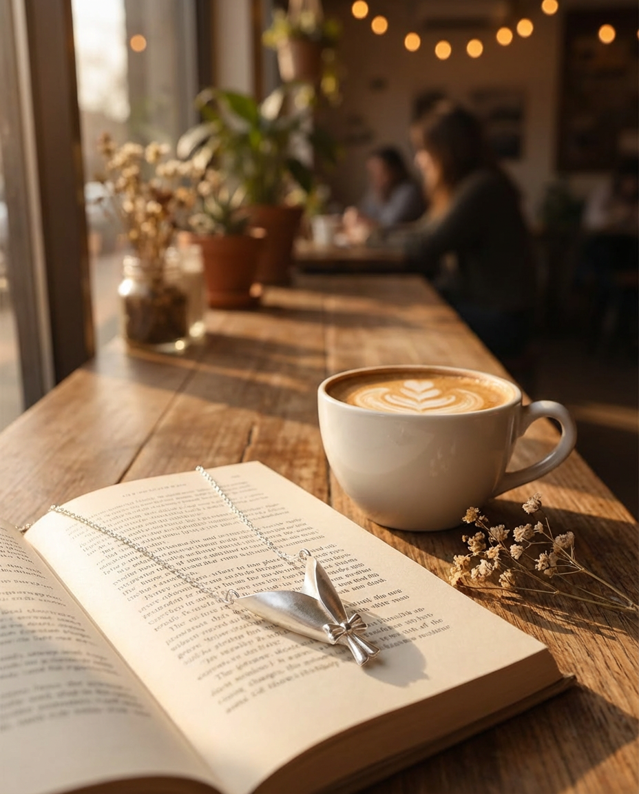 Cup of coffee with a latte art heart on a wooden table next to an open book.