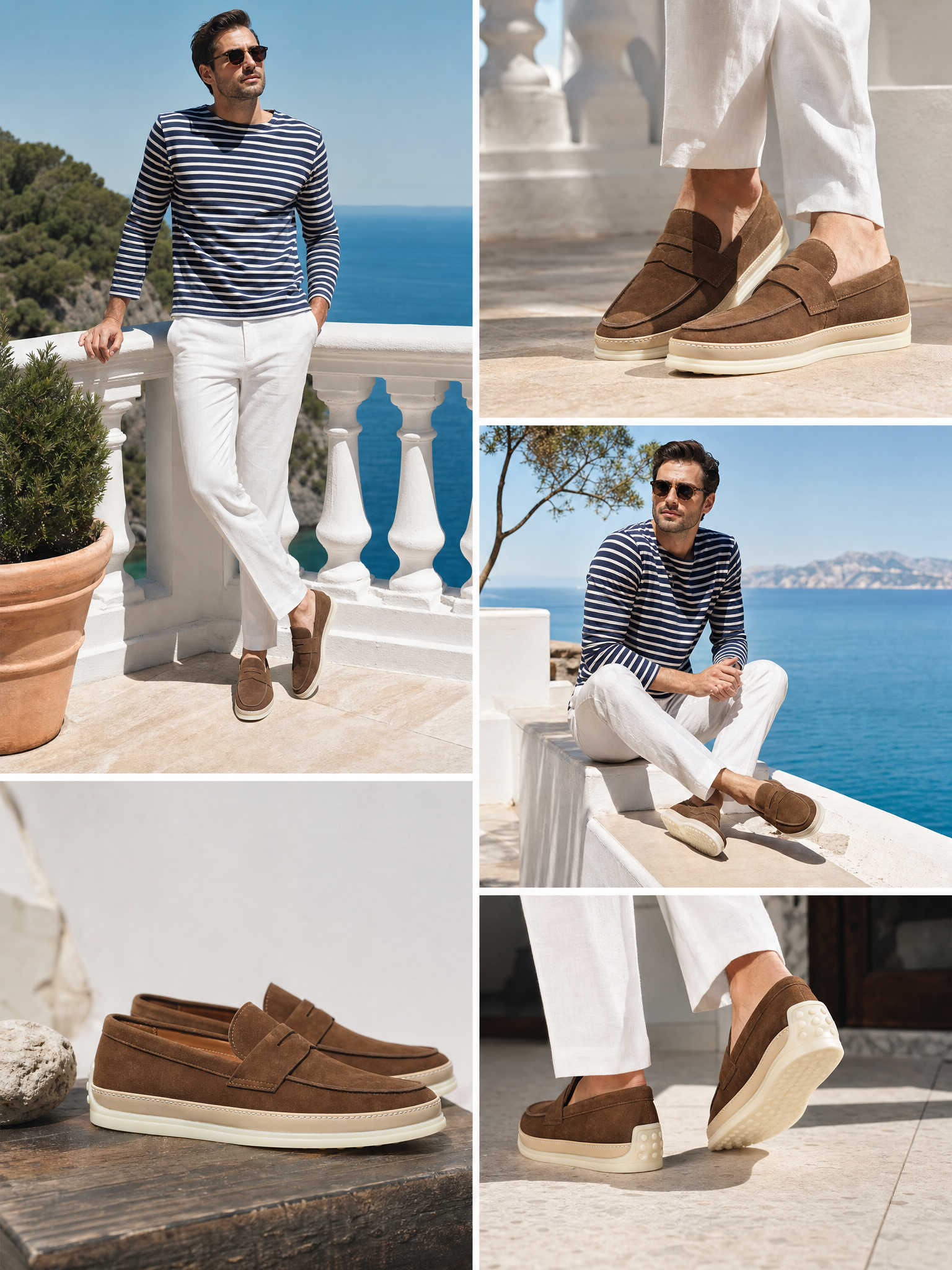 Brown suede driving loafers styled for a Riviera summer outfit