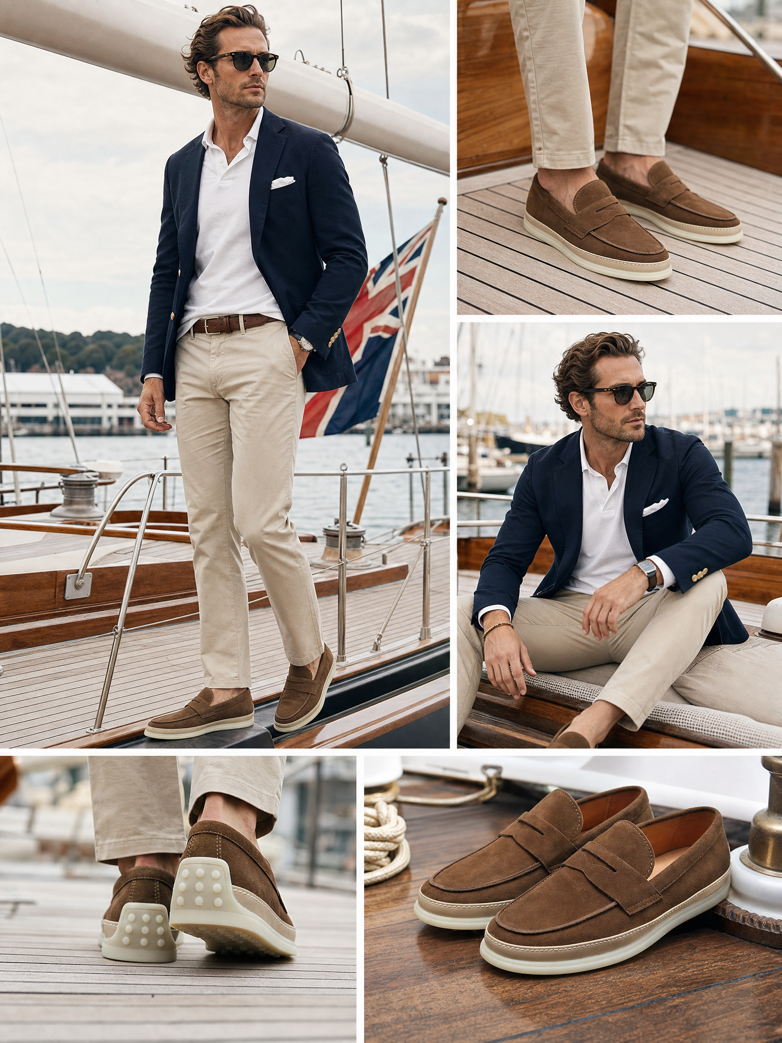 Brown suede loafers styled with navy blazer and cream trousers on a yacht club setting