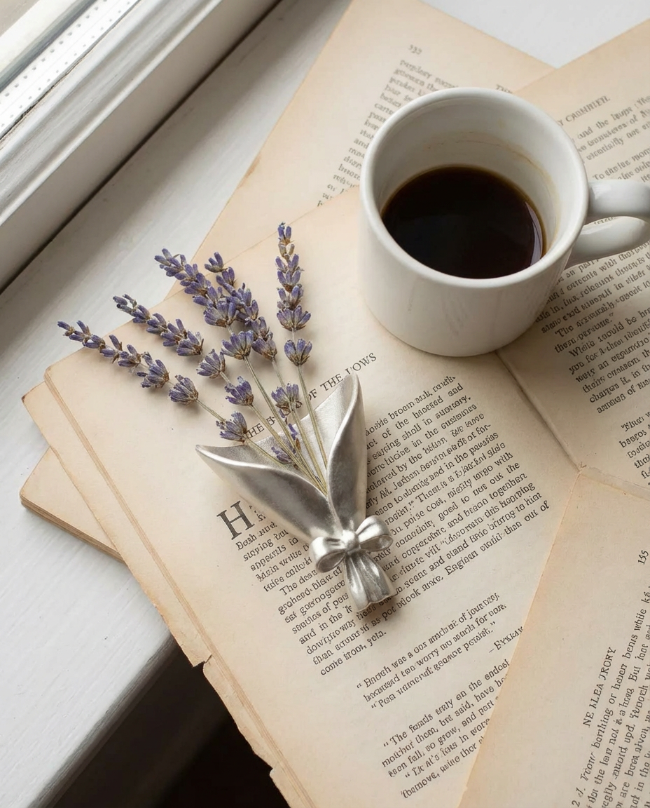 Open book with a cup of coffee and lavender sprigs on a light surface.
