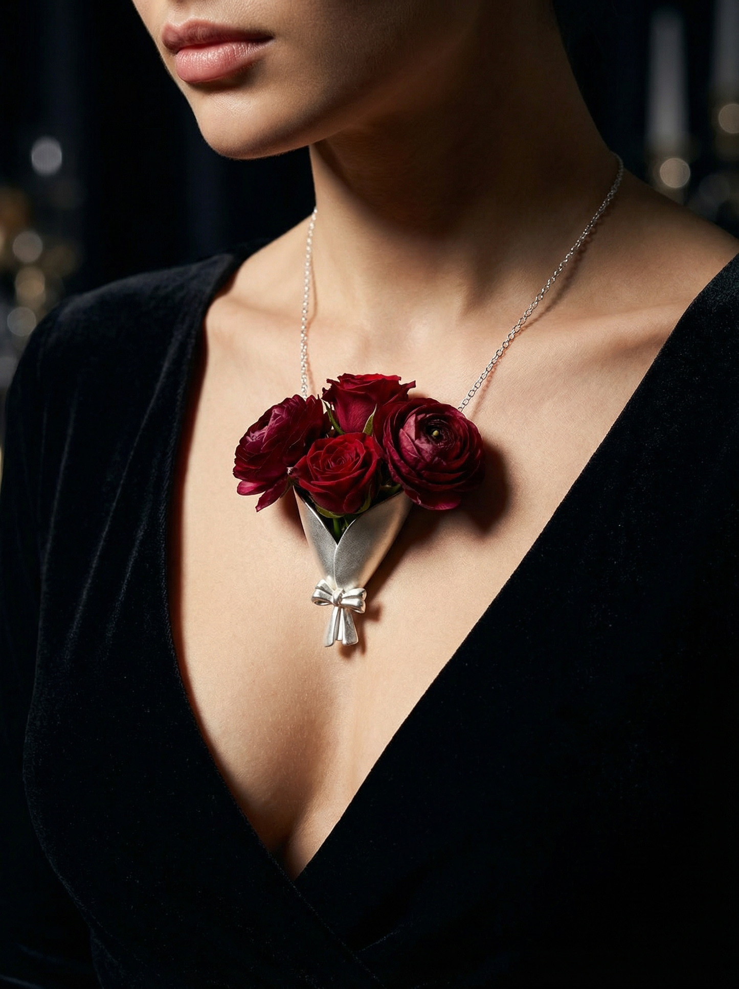 Necklace with red roses worn by a person against a dark background