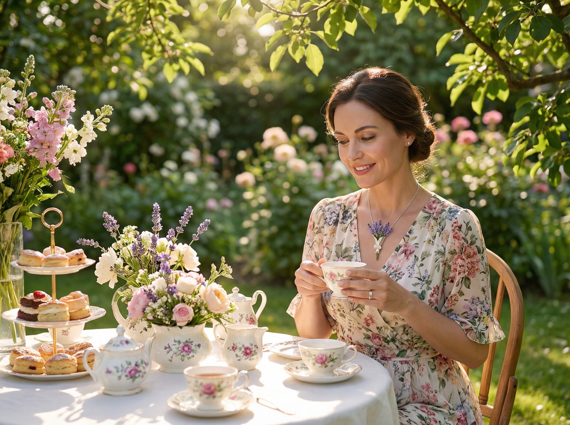 Woman enjoying a tea party in a garden with flowers and pastries.