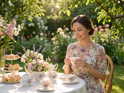 Woman enjoying a tea party in a garden with flowers and pastries.
