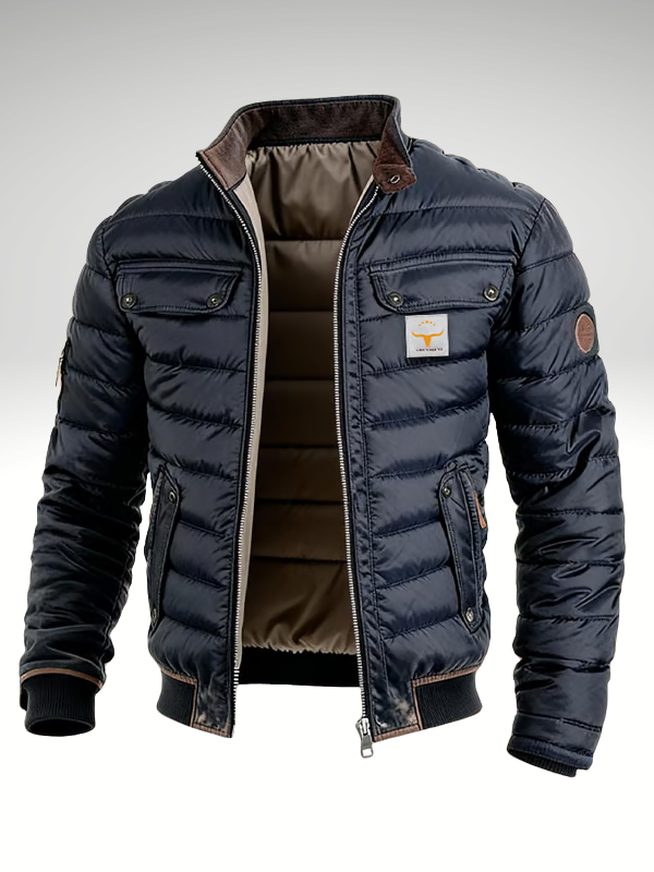 Blue puffer jacket with a brand logo on a white background