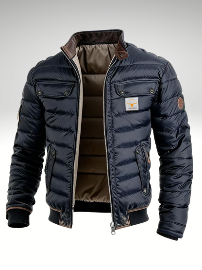 Blue puffer jacket with a brand logo on a white background
