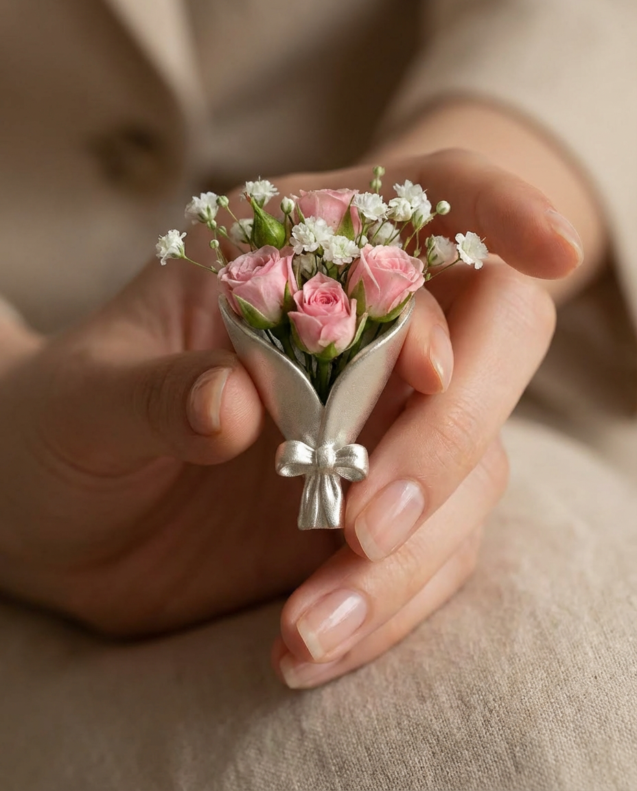 Small bouquet of pink roses and baby's breath in a silver holder held by hands.