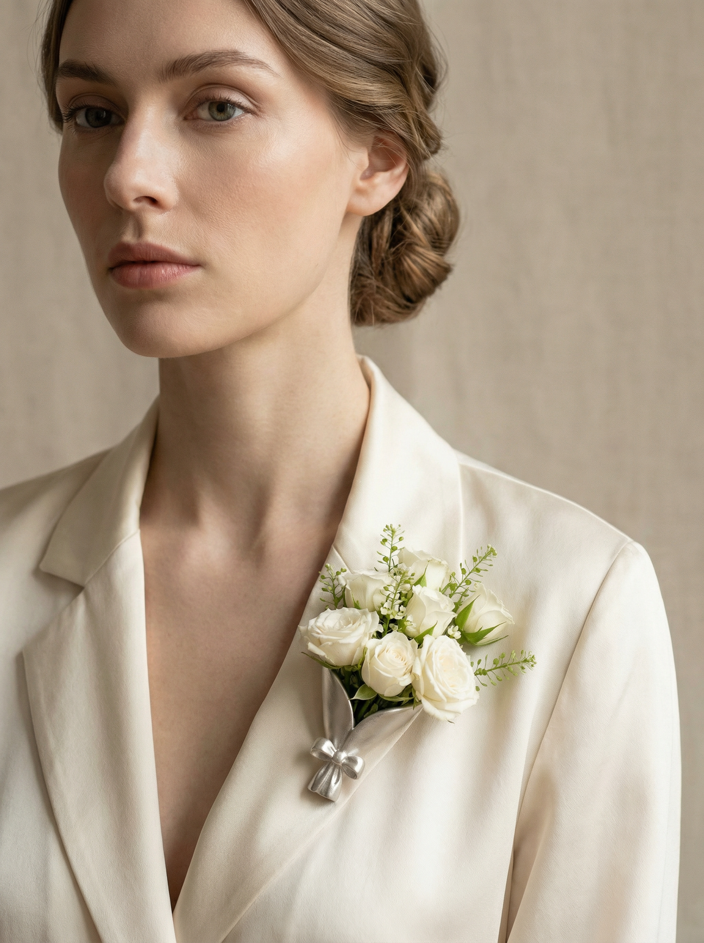 Woman wearing a white blazer with a floral boutonniere against a neutral background