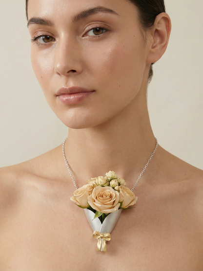 Woman wearing a necklace with a floral pendant on a neutral background