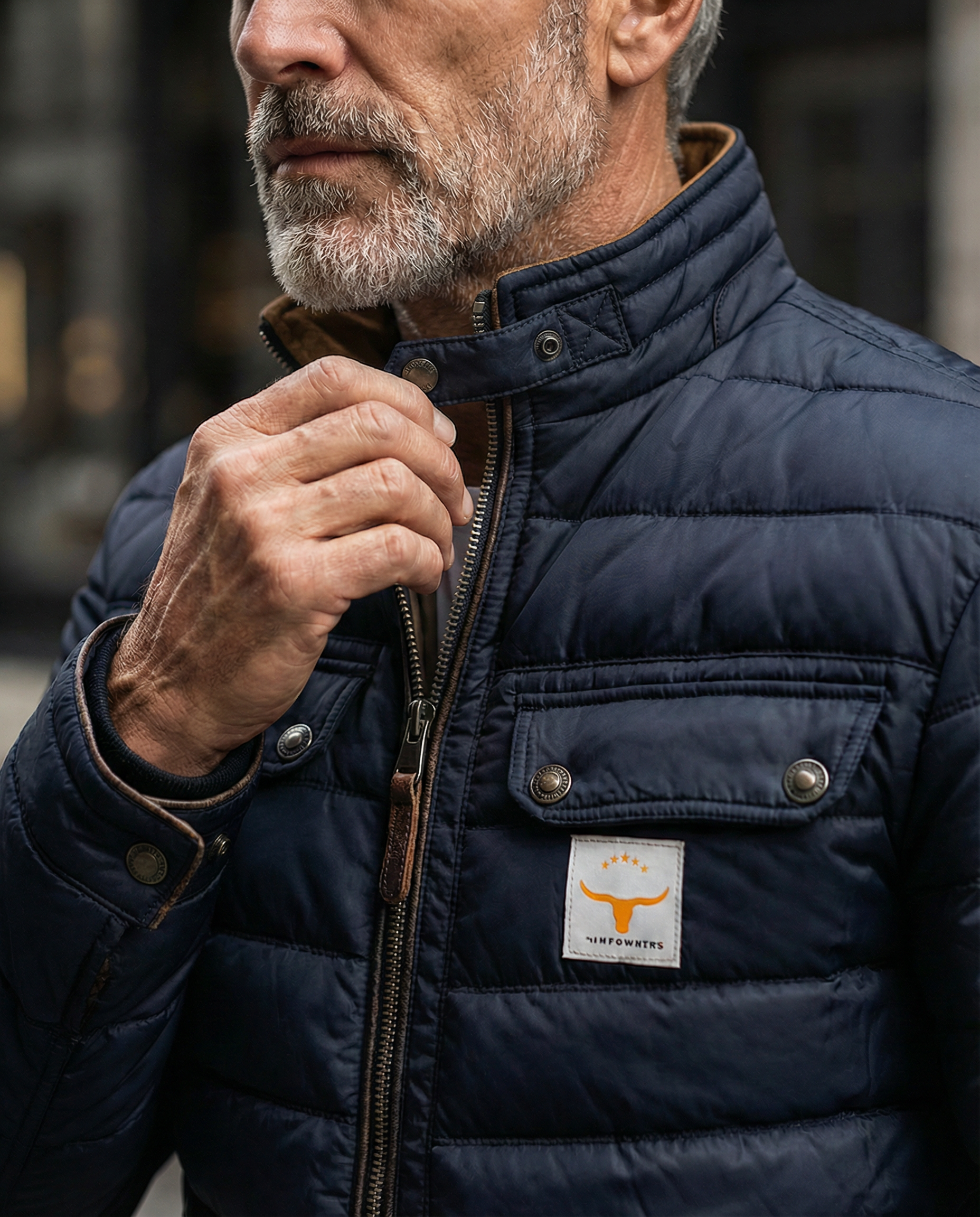Man wearing a navy blue puffer jacket with a brand logo, standing outdoors.
