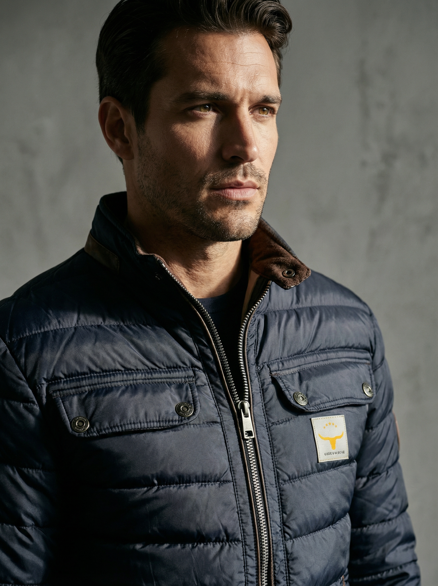 Man wearing a blue puffer jacket with a brand logo on a gray background