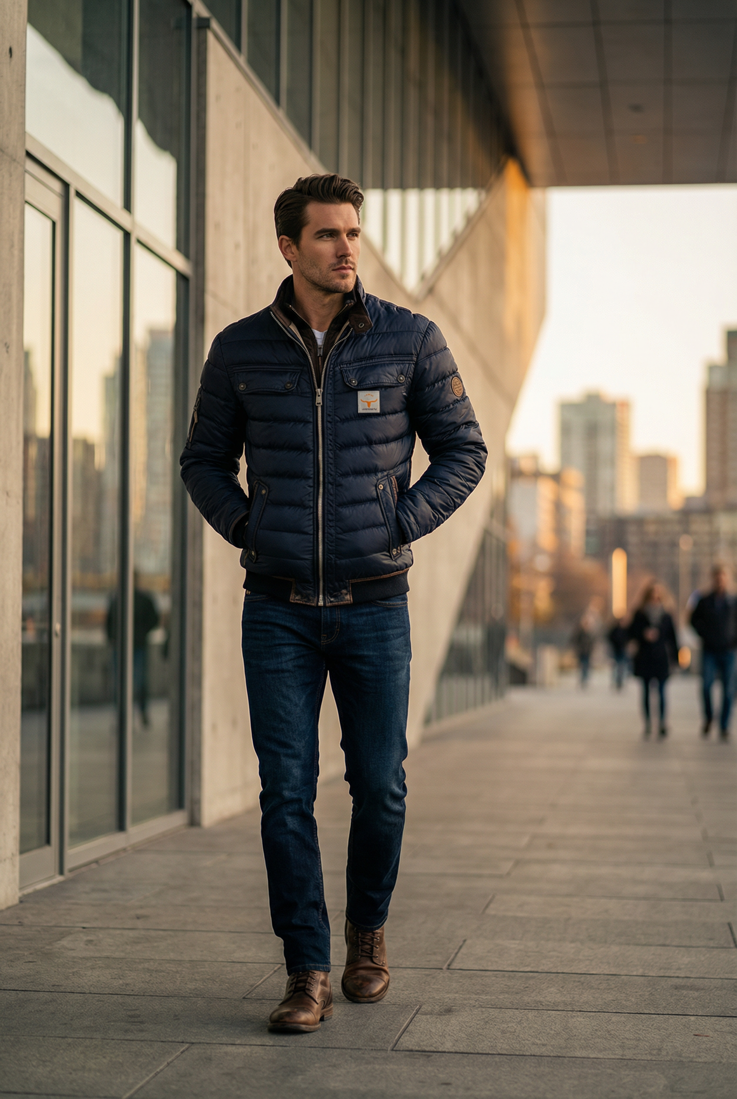Man wearing a blue puffer jacket standing on a city street with modern buildings in the background.