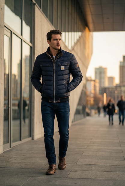Man wearing a blue puffer jacket standing on a city street with modern buildings in the background.