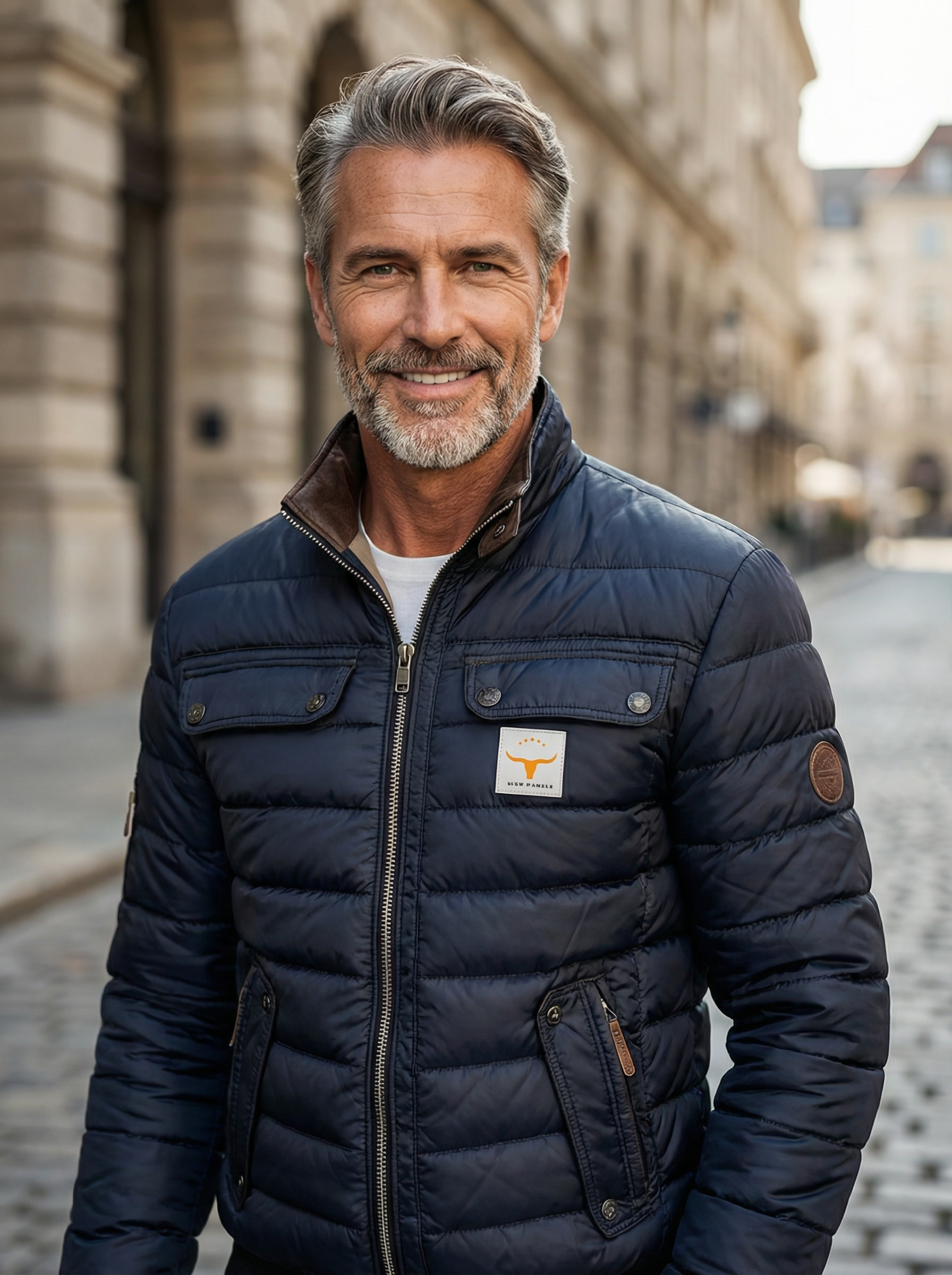 Man wearing a navy blue puffer jacket with a brand logo on a city street.