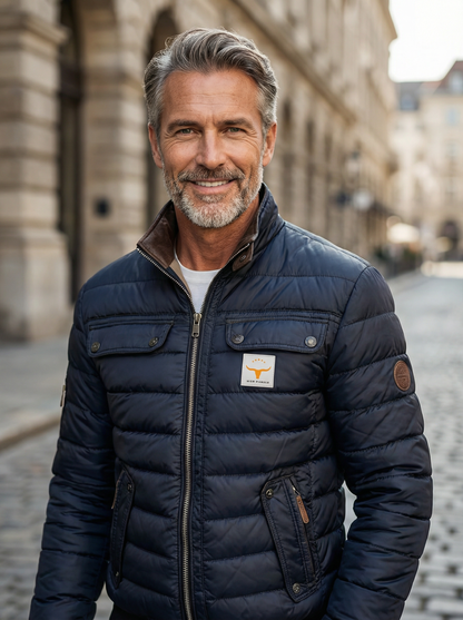 Man wearing a navy blue puffer jacket with a brand logo on a city street.