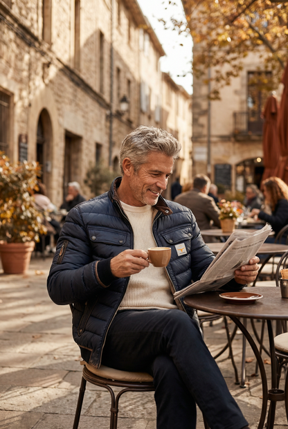 Man sitting outdoors reading a newspaper and holding a cup.