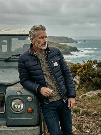 Man standing next to a vintage Land Rover in a coastal setting