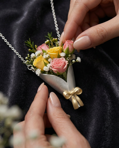 Floral necklace with pink and yellow flowers and a gold bow being held by hands against a dark background.