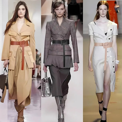 Three models in different fashion outfits wearing the Knot Detail PU Belt, walking on a runway.