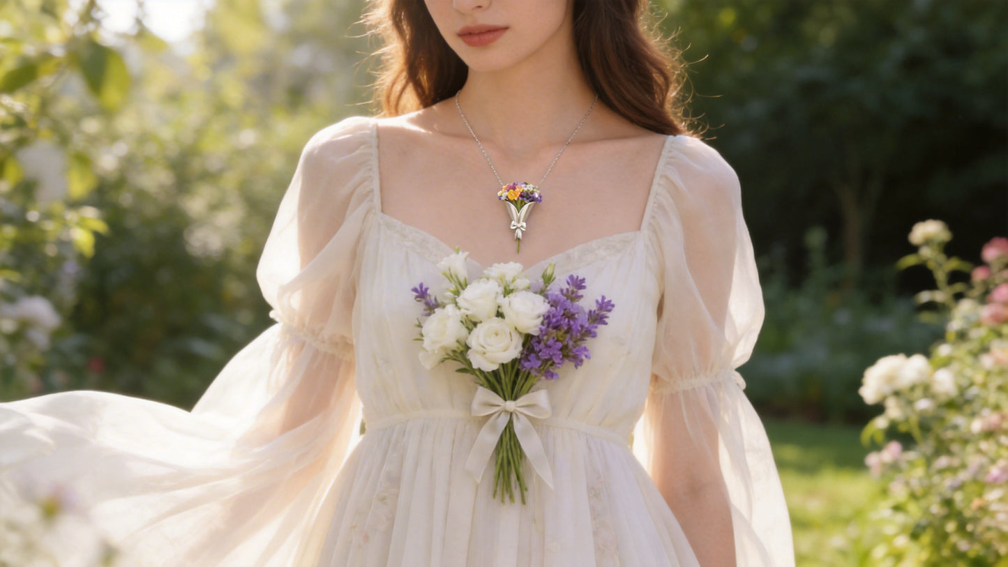 Woman in a white dress holding a bouquet of flowers in a garden setting